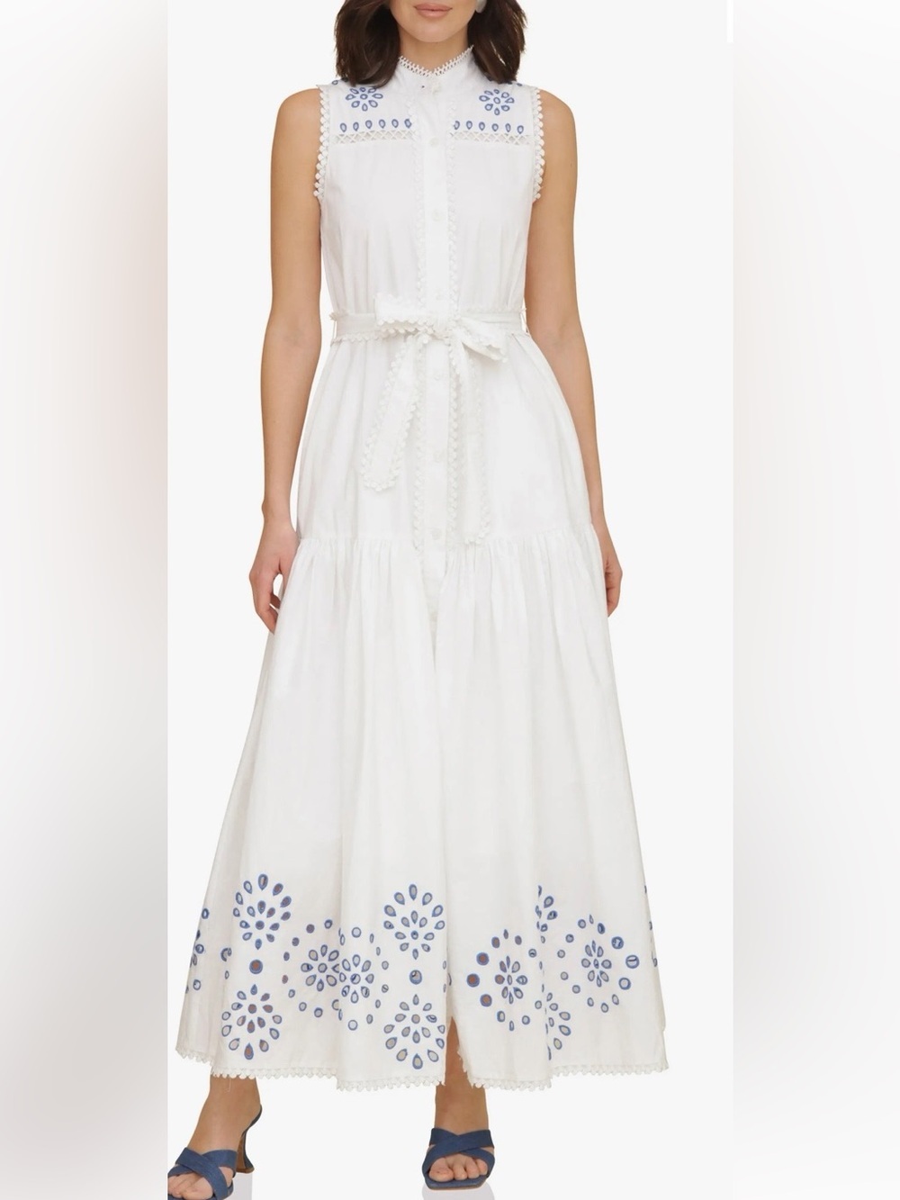 Avec Les Filles White Maxi Dress with Cobalt Blue Eyelet Detail 12 - Picture 6 of 10
